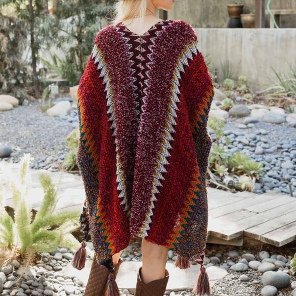 New Bohemian Loom Moroccan Knit Tasseled Handmade Poncho Cardigan Sweater - Picture 2 of 7